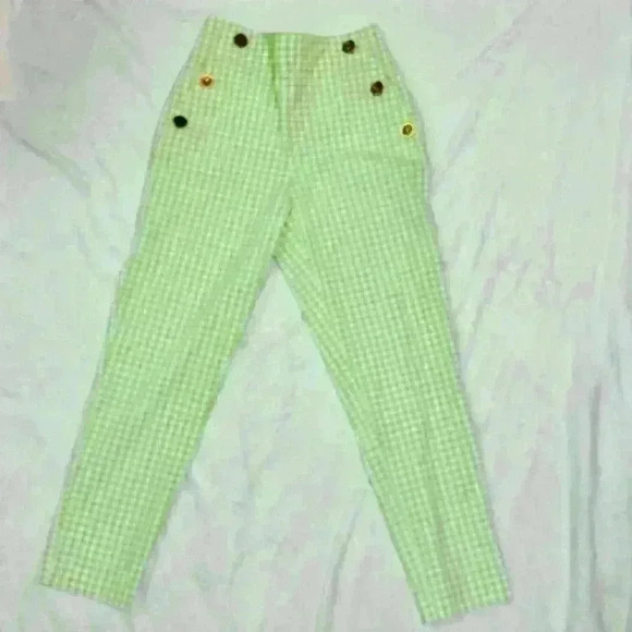 Zara Gingham Straight Pull On Pants Green and White with Gold Buttons Sz S - Picture 3 of 7